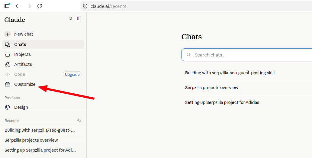 Selecting Customize in the Claude menu