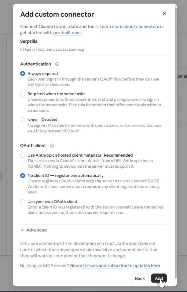 Filling in the custom connector form