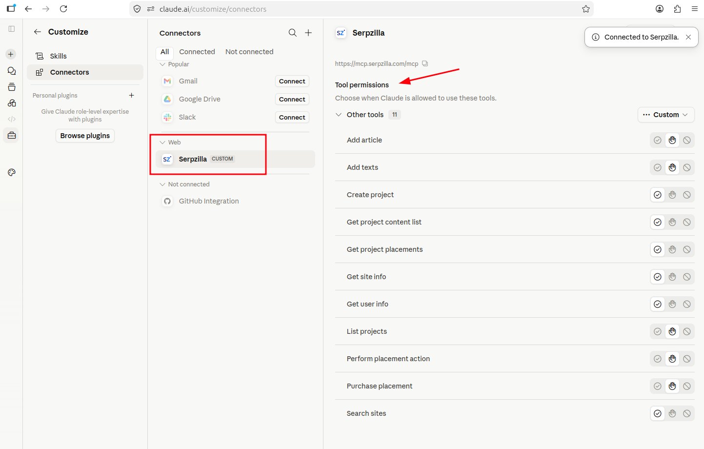 Connected MCP server and available tools