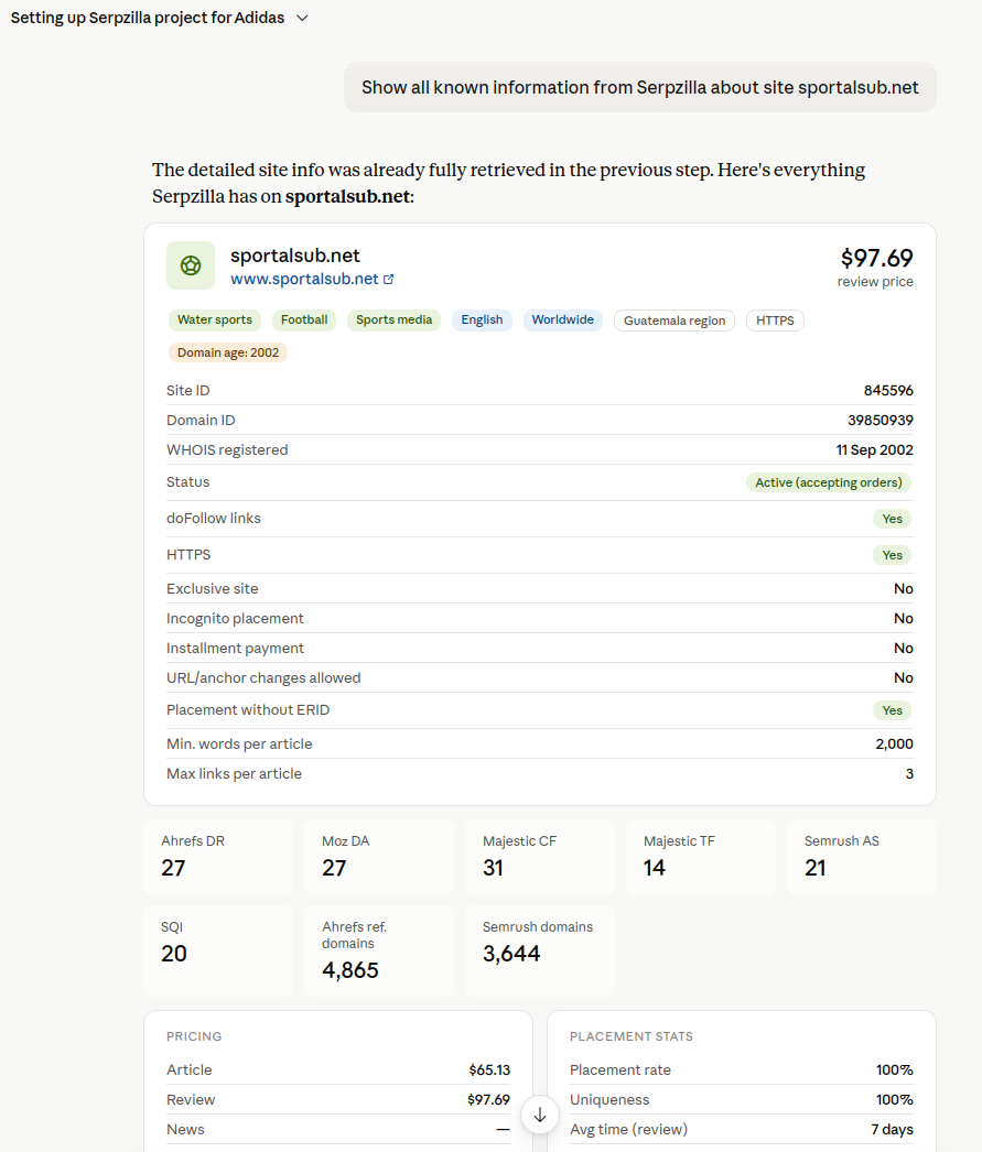 Placement options with detailed metrics