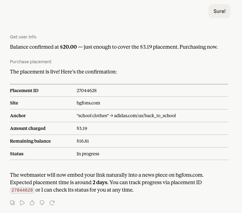 Confirming the placement purchase