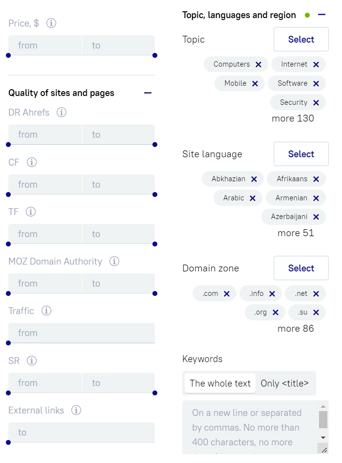 Serpzilla website selection filters