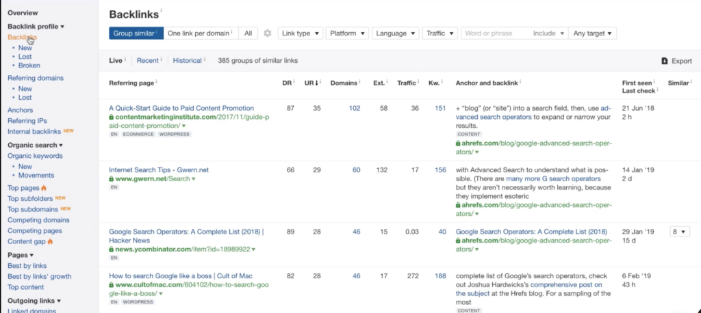 Ahrefs’ backlink tool