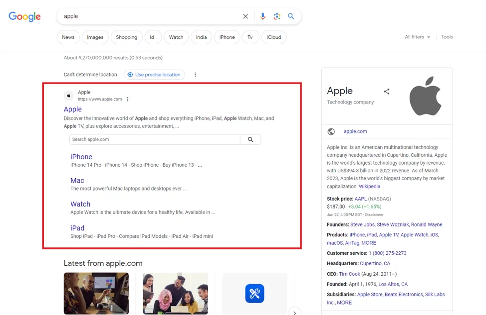 Apple SERP results page