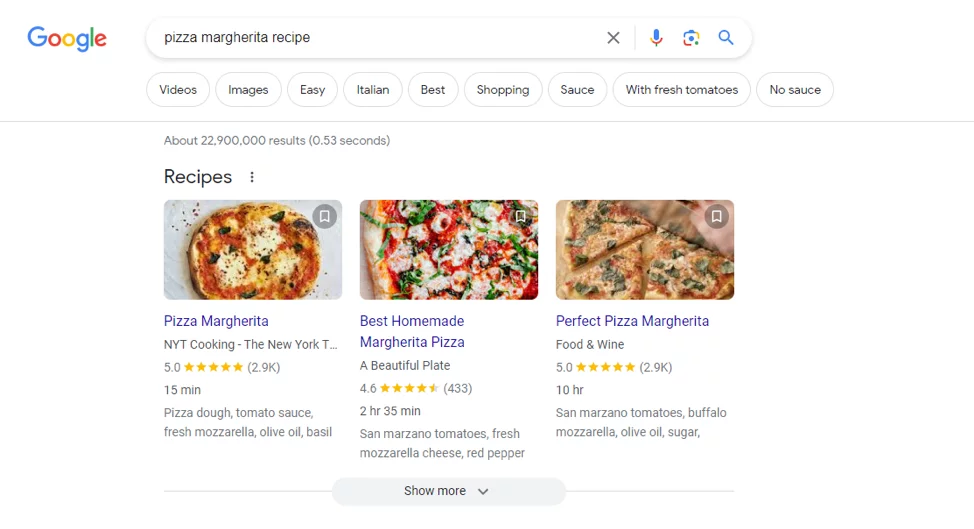 Pizza margherita recipe SERP 